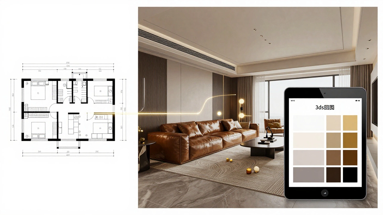 Композиция из AutoCAD-чертежа, фотореалистичной визуализации и AI-предложений — символ профессионального дизайн-процесса.