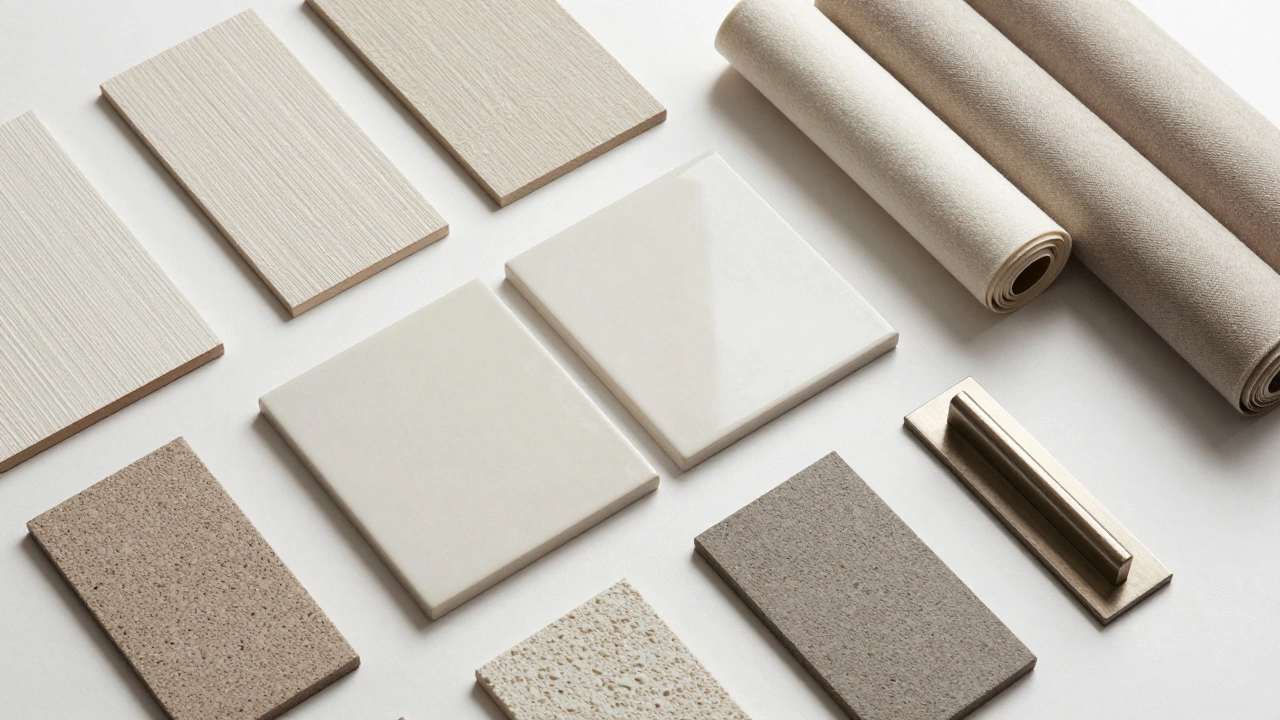 Образцы плитки и тканей для ремонта на светлом столе