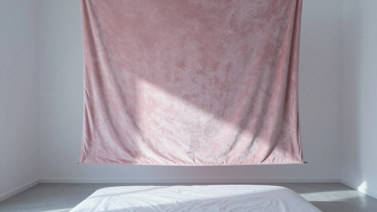 Одна бархатная панель пудрово-розового цвета над кроватью, тонкий лунный свет подчёркивает текстуру ткани на белом фоне.