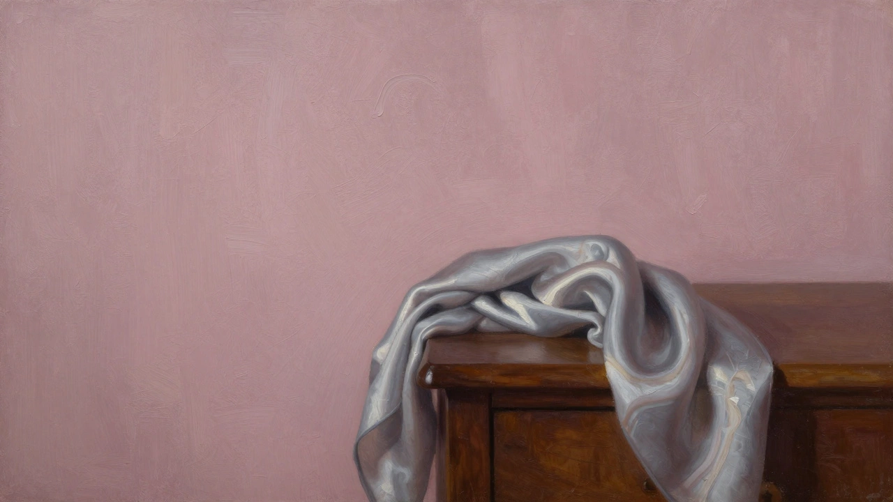 Пепельно-розовая стена с текстурой и деревянной тумбочкой, мягкий свет подчёркивает спокойствие интерьера.