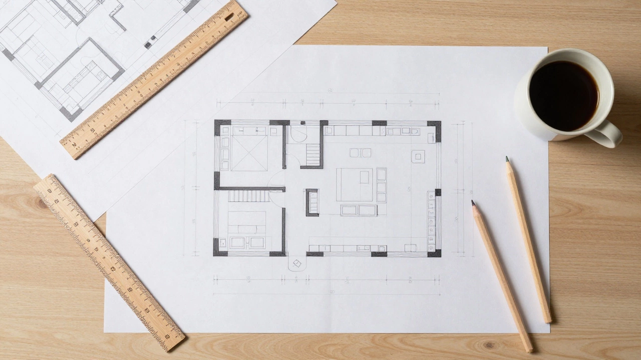 План квартиры на столе с инструментами