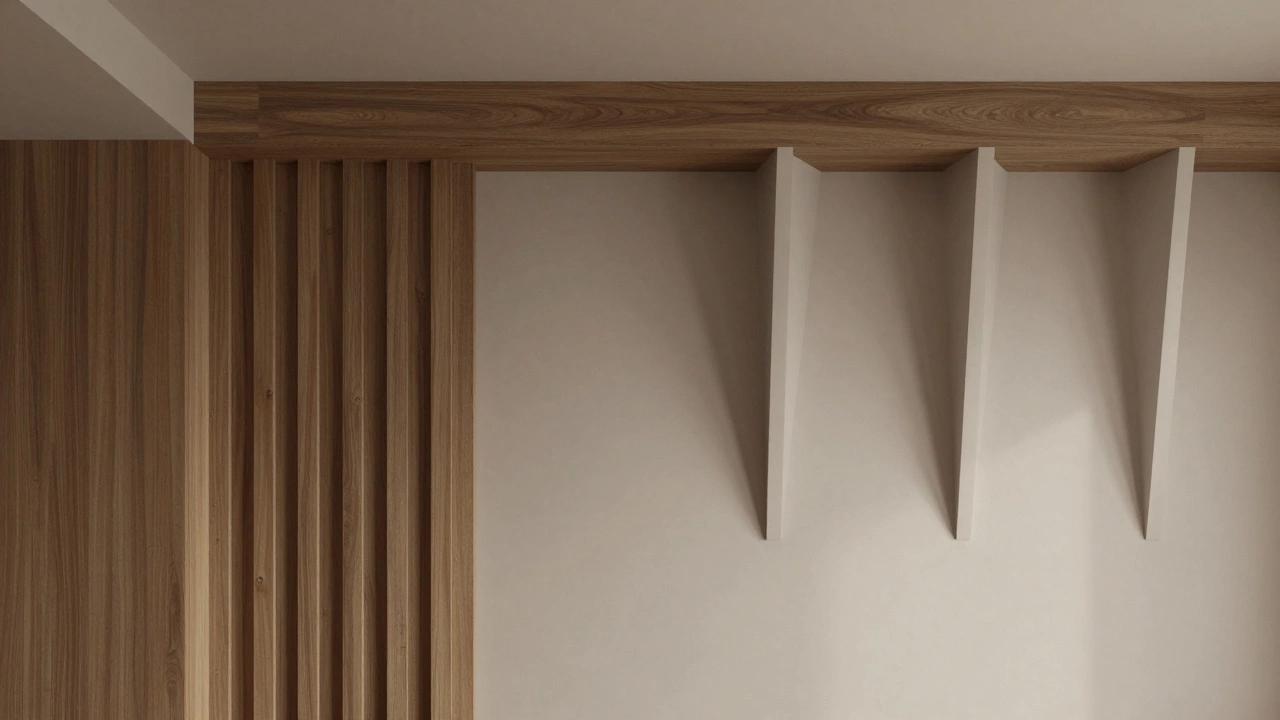 Современная комната с имитацией архитектурных элементов: вертикальные панели и карниз, создающие глубину без декора.