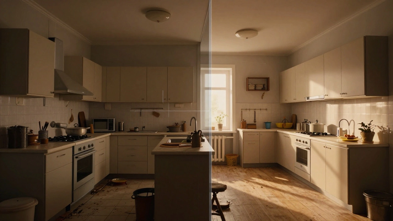 Сравнение старой и преобразованной кухни: до и после профессионального дизайна с открытым пространством и скрытым освещением.