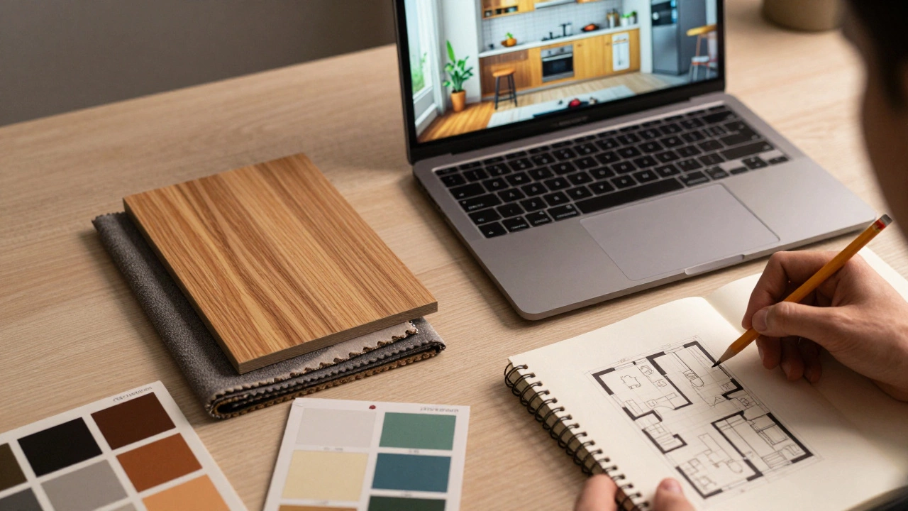 Стол архитектора с эскизами и образцами материалов