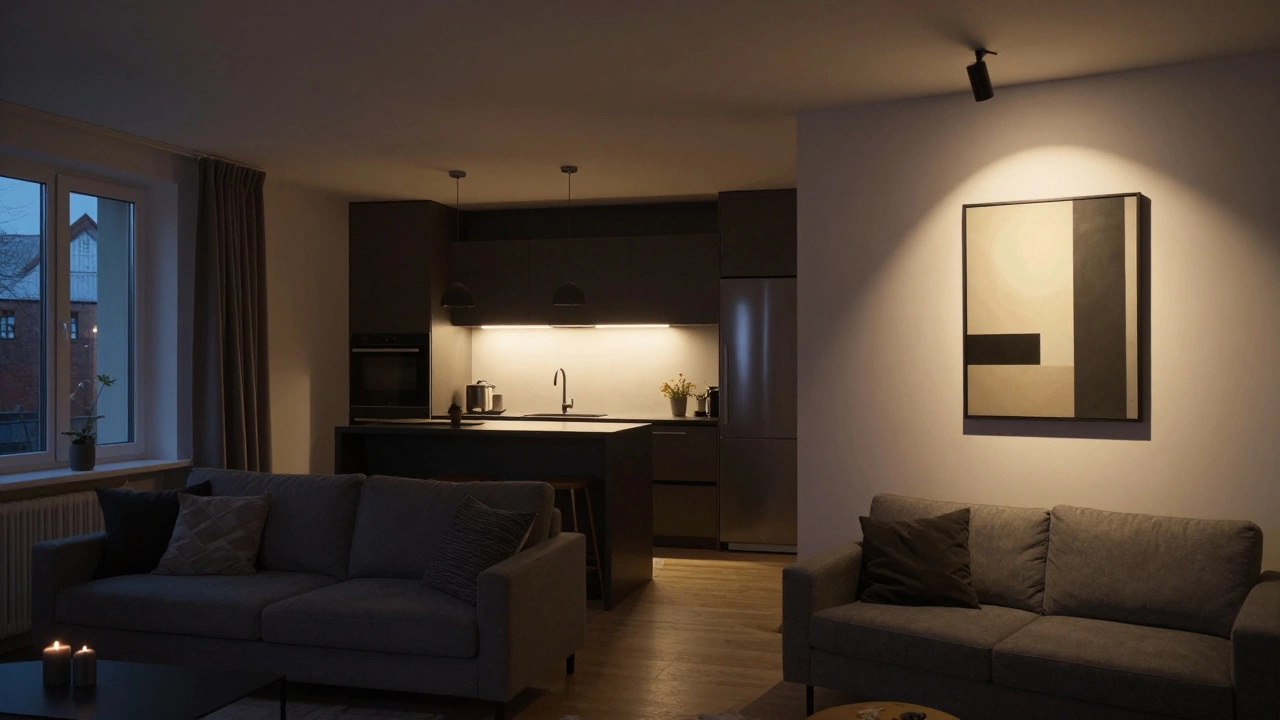 Три уровня освещения в жилом пространстве: общее, рабочее и акцентное — создают уютную атмосферу вечером.