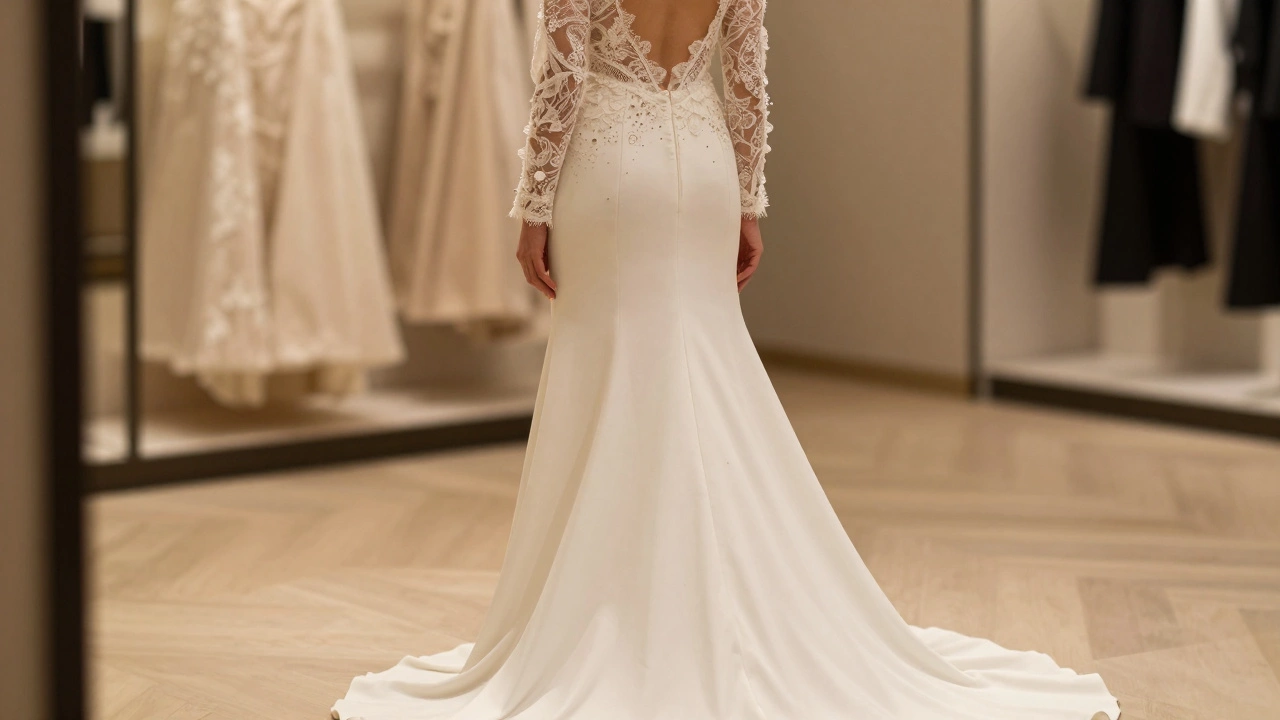 Вечернее платье с кружевом, бисером и скрытой молнией на спине, с плавным подолом.