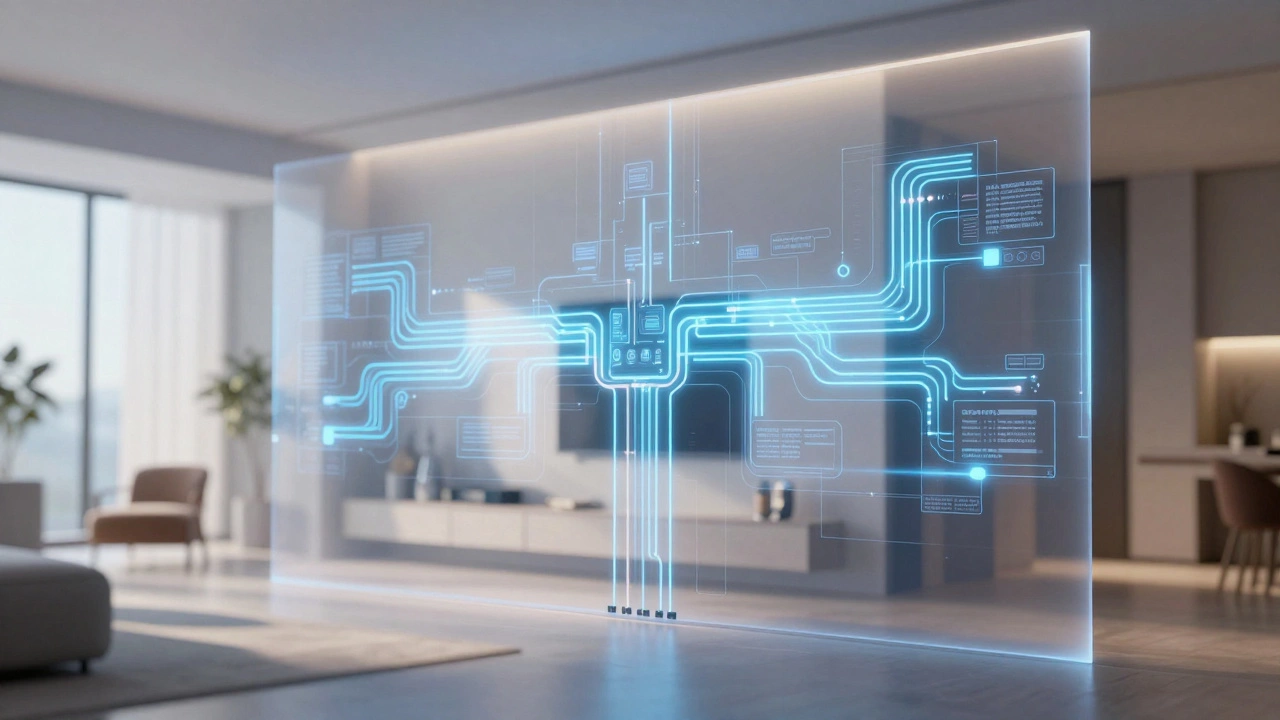 Вид прозрачной стены с проводами и системами умного дома