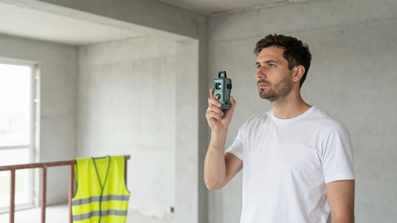 Замерщик работает с лазером в пустой комнате