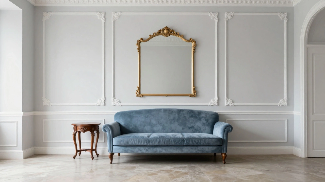 Элегантный интерьер в стиле неоклассика с молдингами на стенах и голубым диваном