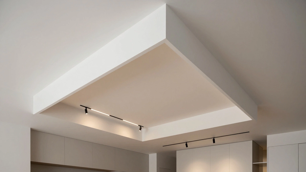 Геометрический потолок из гипсокартона с встроенными черными магнитными треками освещения