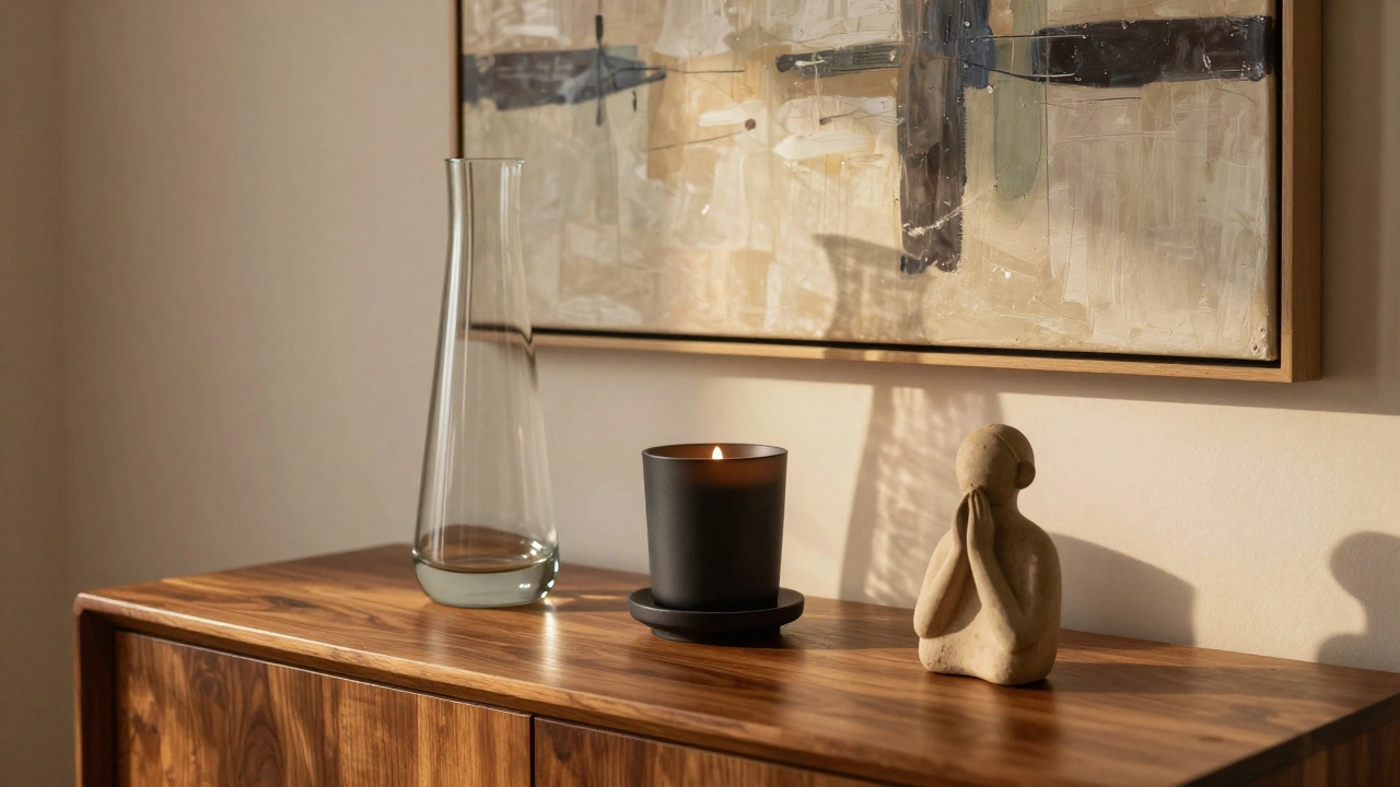 Группа из трех предметов декора: ваза, свеча и фигурка на деревянной консоли