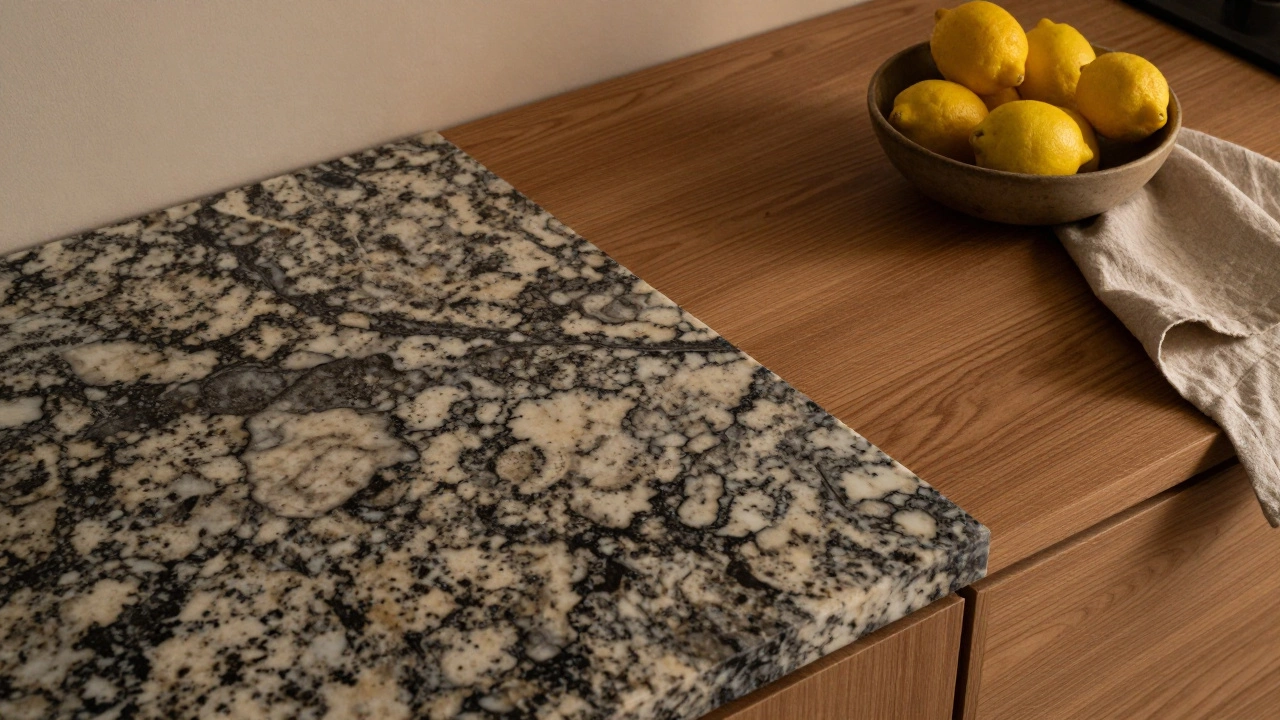 Комбинированная столешница из натурального гранита с активным рисунком и массива дуба