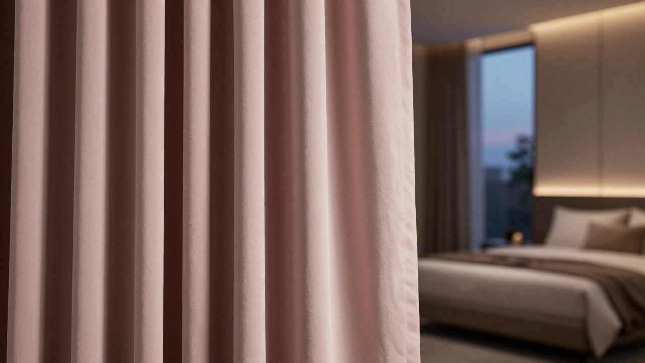 Крупный план штор цвета пыльной розы в интерьере в стиле тихой роскоши
