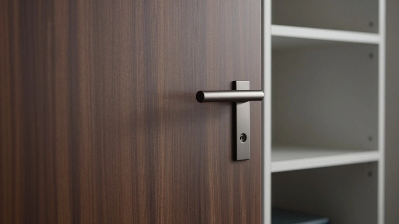 Крупный план текстуры дорогого дерева и качественной эмали на фасаде шкафа