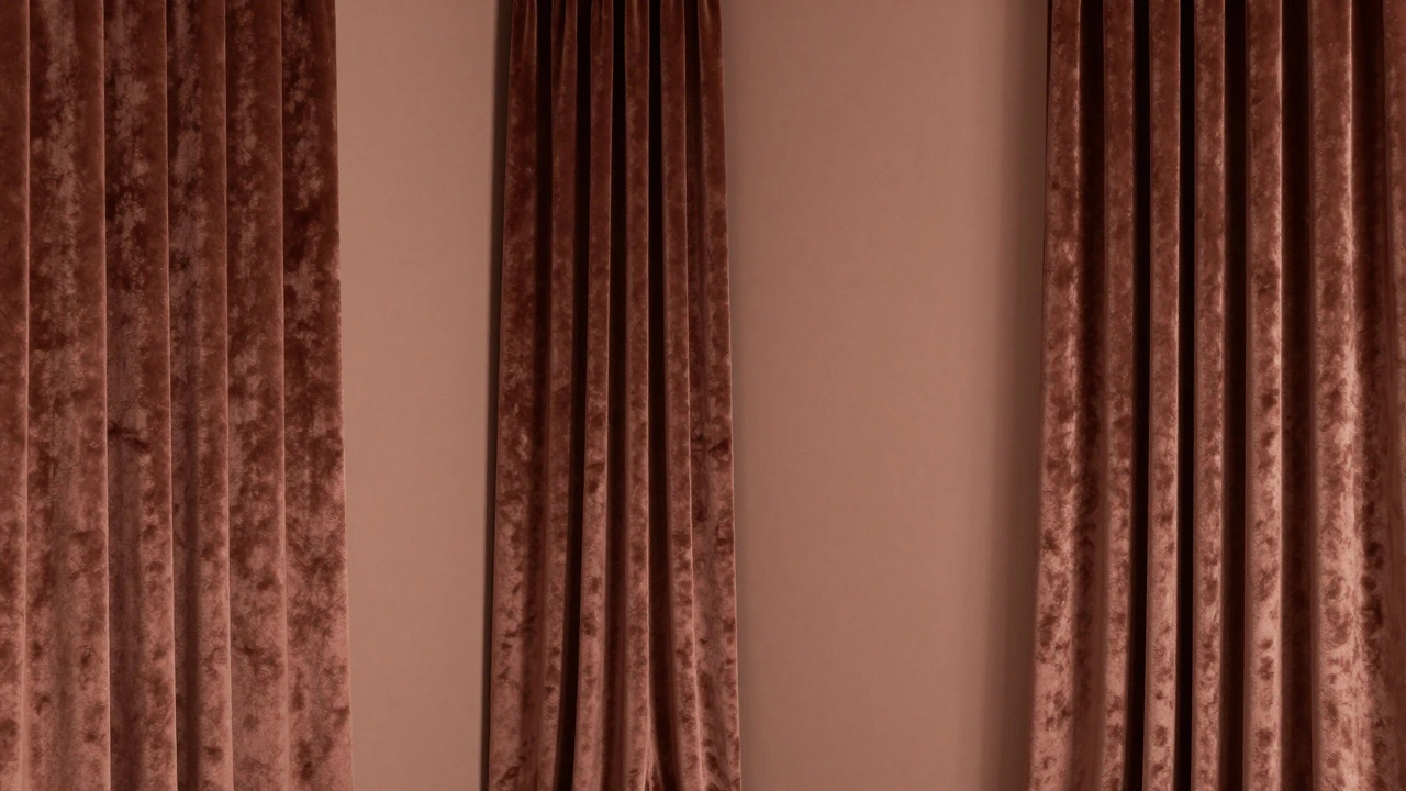 Монохромный интерьер спальни с капучиновыми стенами и бархатными шторами