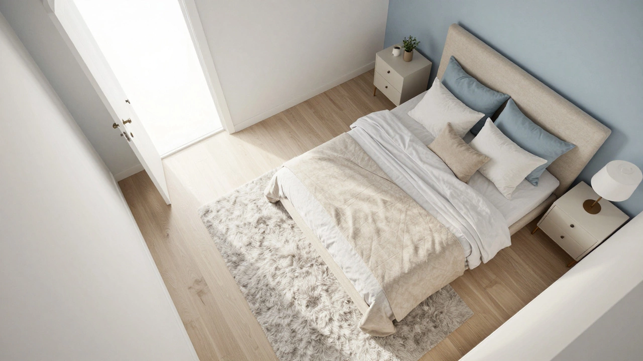 Планировка спальни с кроватью, расположенной по диагонали от двери