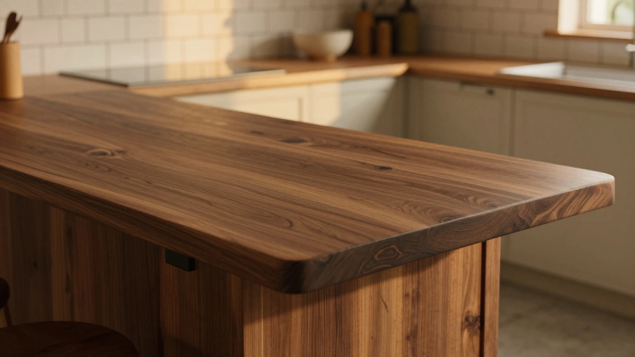Столешница из темного ореха с выраженной текстурой дерева в уютном интерьере