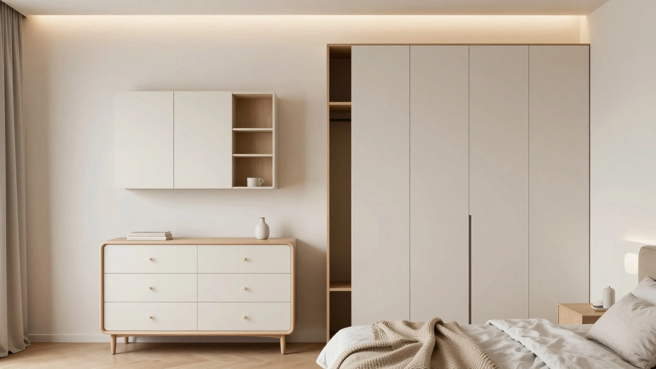 Светлая спальня с продуманной модульной мебелью и эффективным использованием пространства