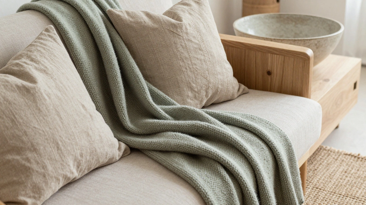 Текстильный декор из льна и шерсти в скандинавском интерьере с керамикой