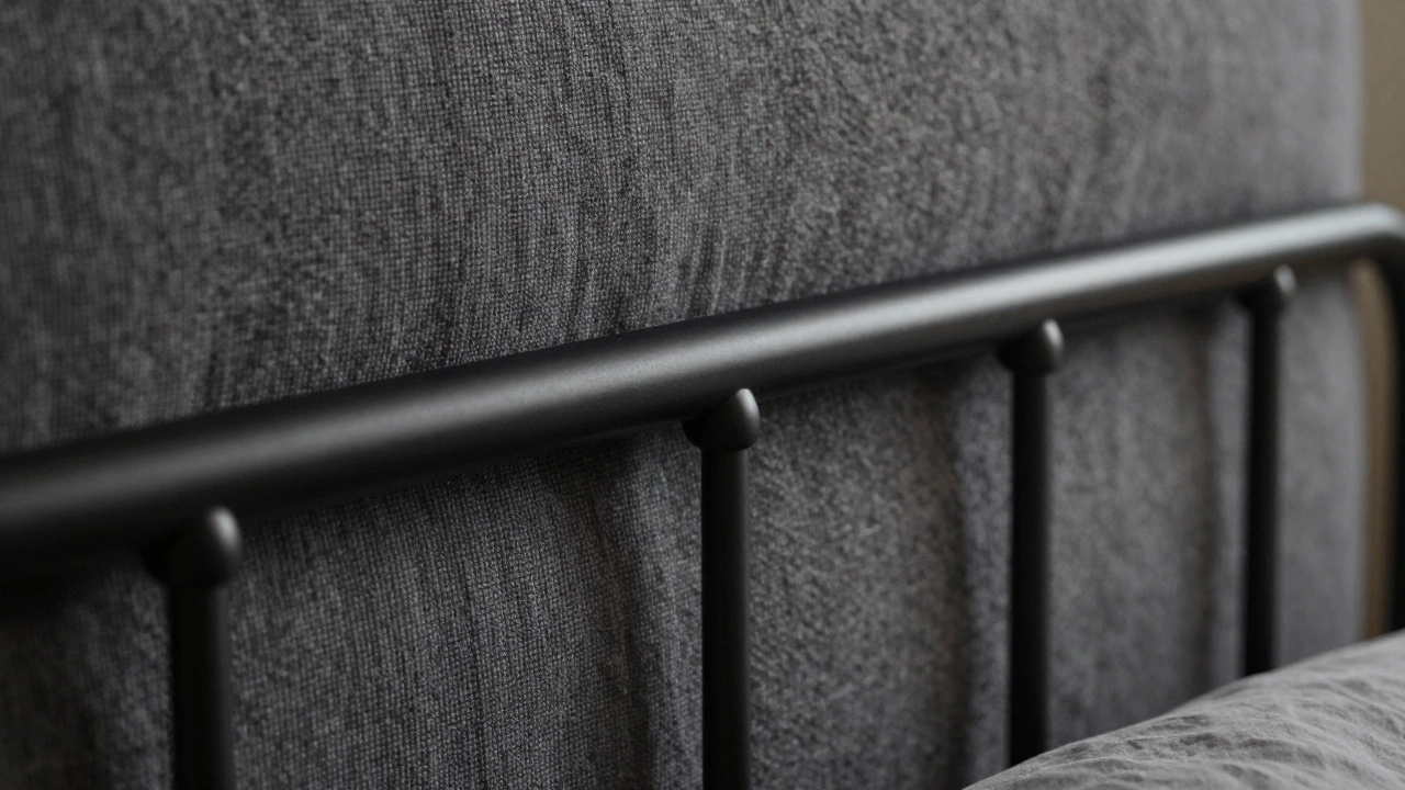 Текстура рогожки и черный металлический каркас кровати