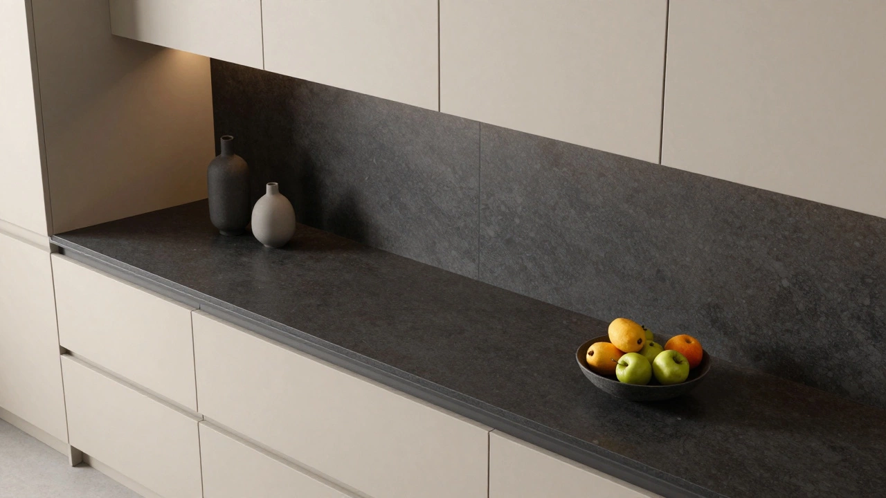 Темно-графитовая кварцевая столешница на фоне бежевых фасадов кухни