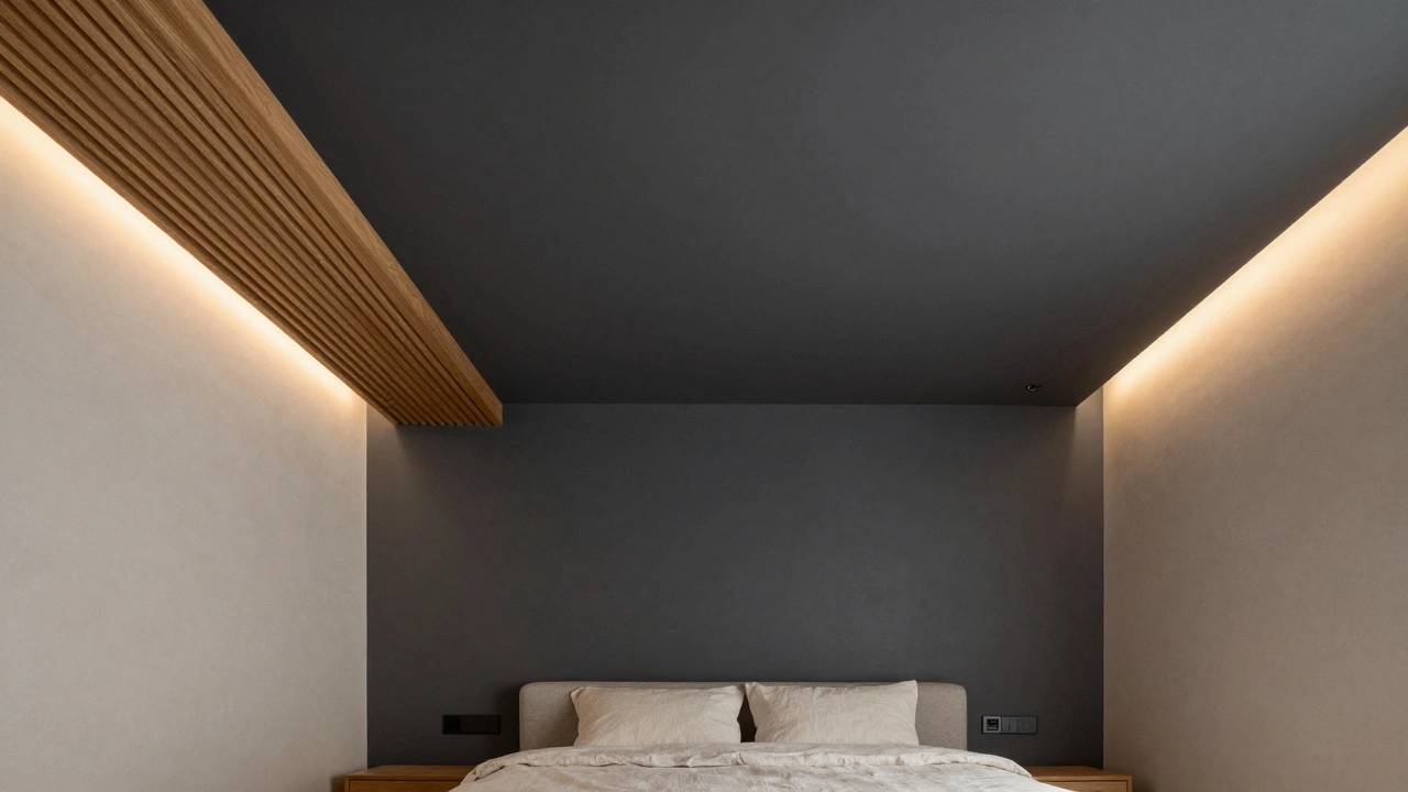 Темно-серый матовый потолок в спальне с деревянными рейками и мягкой контурной подсветкой