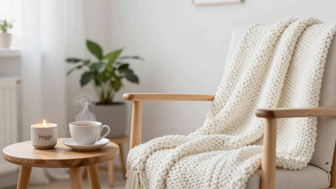 Уютный уголок в скандинавском стиле с вязаным пледом и зажженной свечой