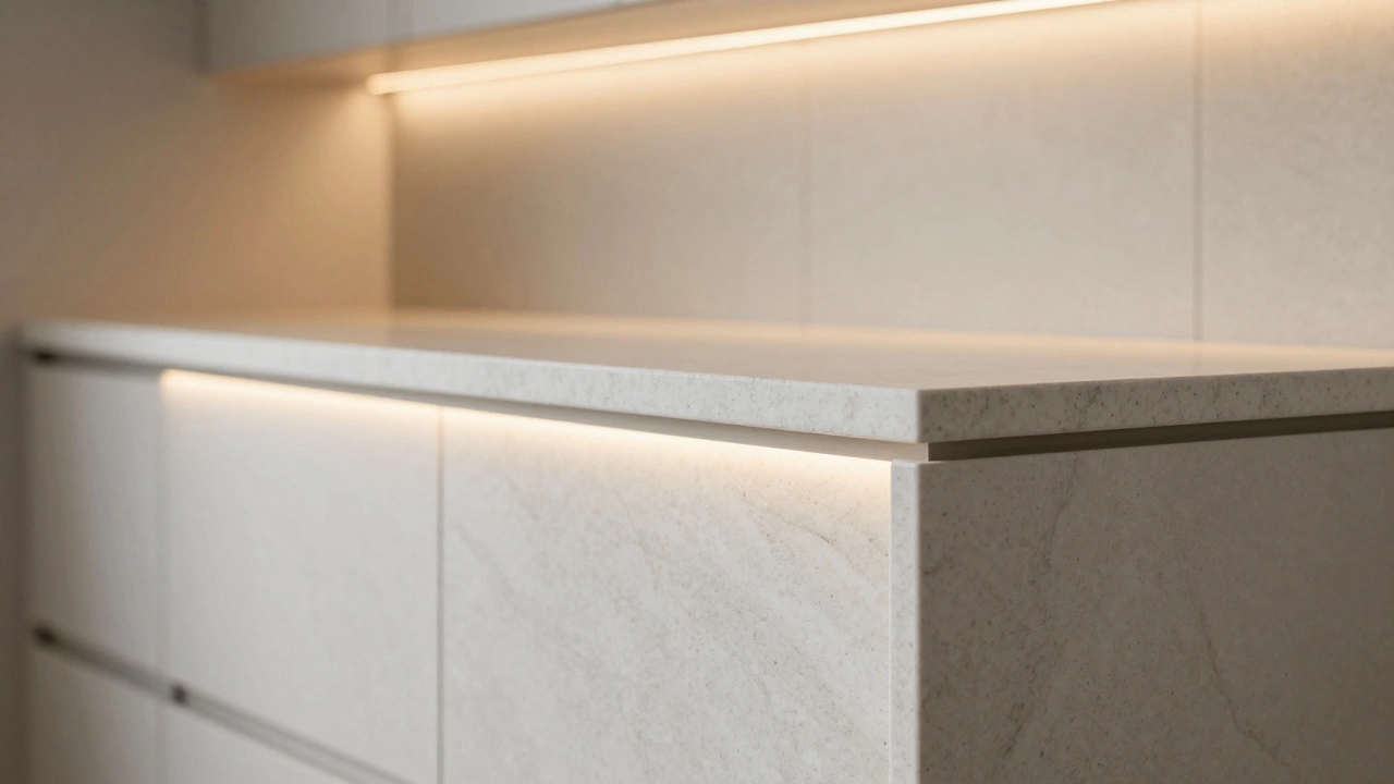Белая кварцевая столешница с водопадом и LED-подсветкой снизу
