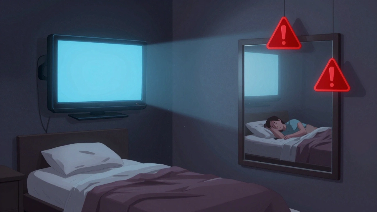 Conceptual illustration of unsafe items like TV and mirror over bed