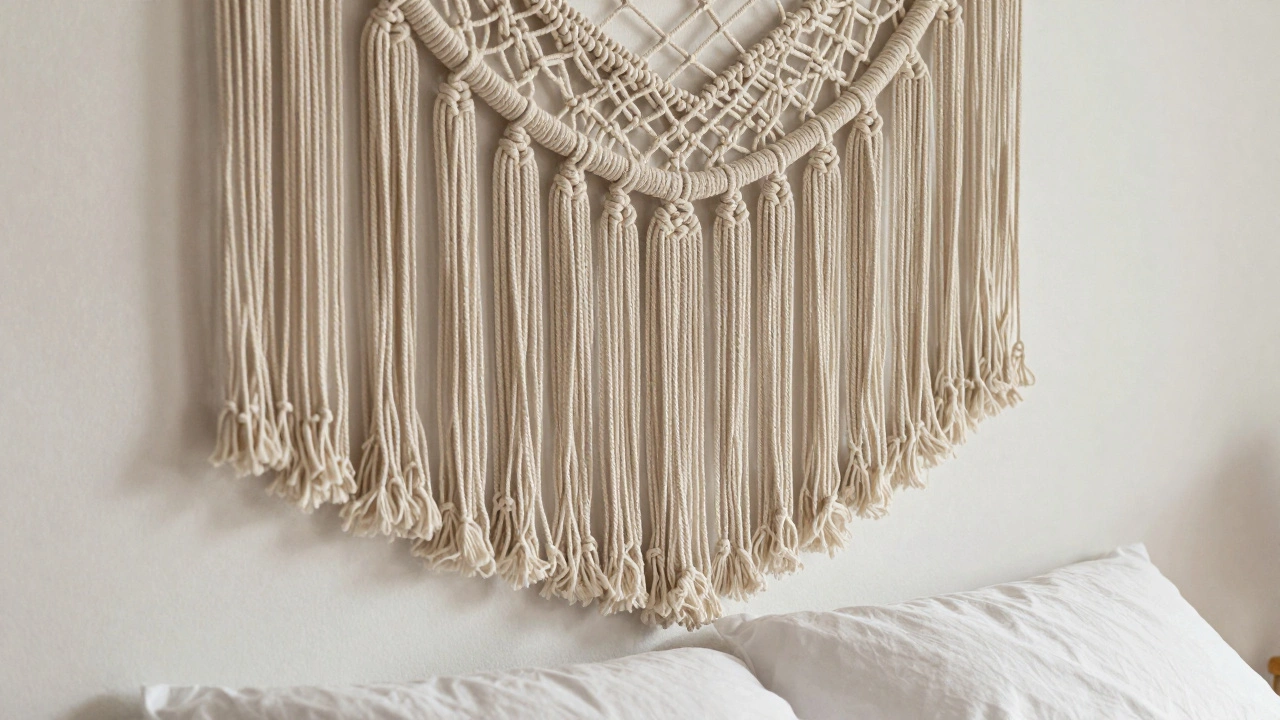 Cozy macrame textile panel adding warmth above the headboard