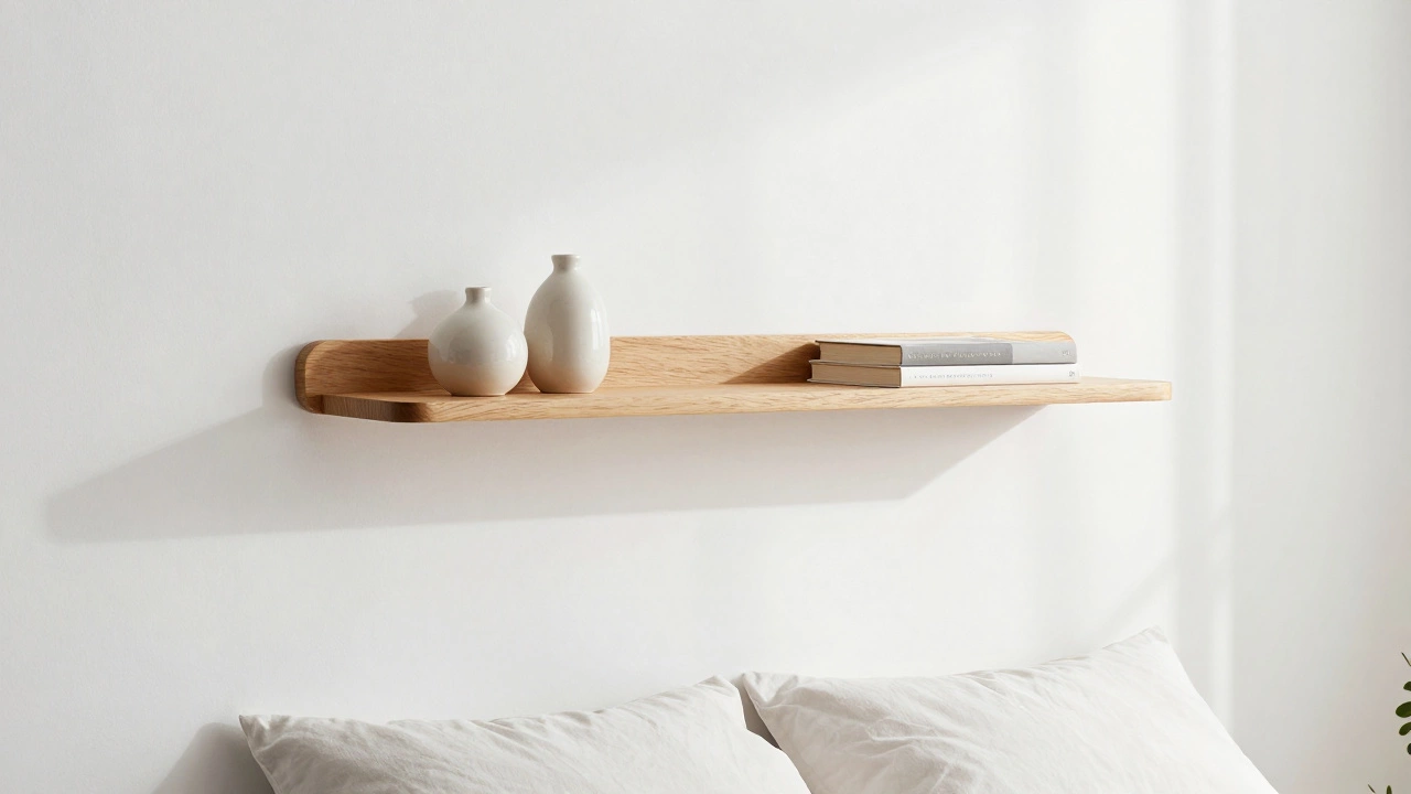 Minimalist secure shelf with few items above the bed