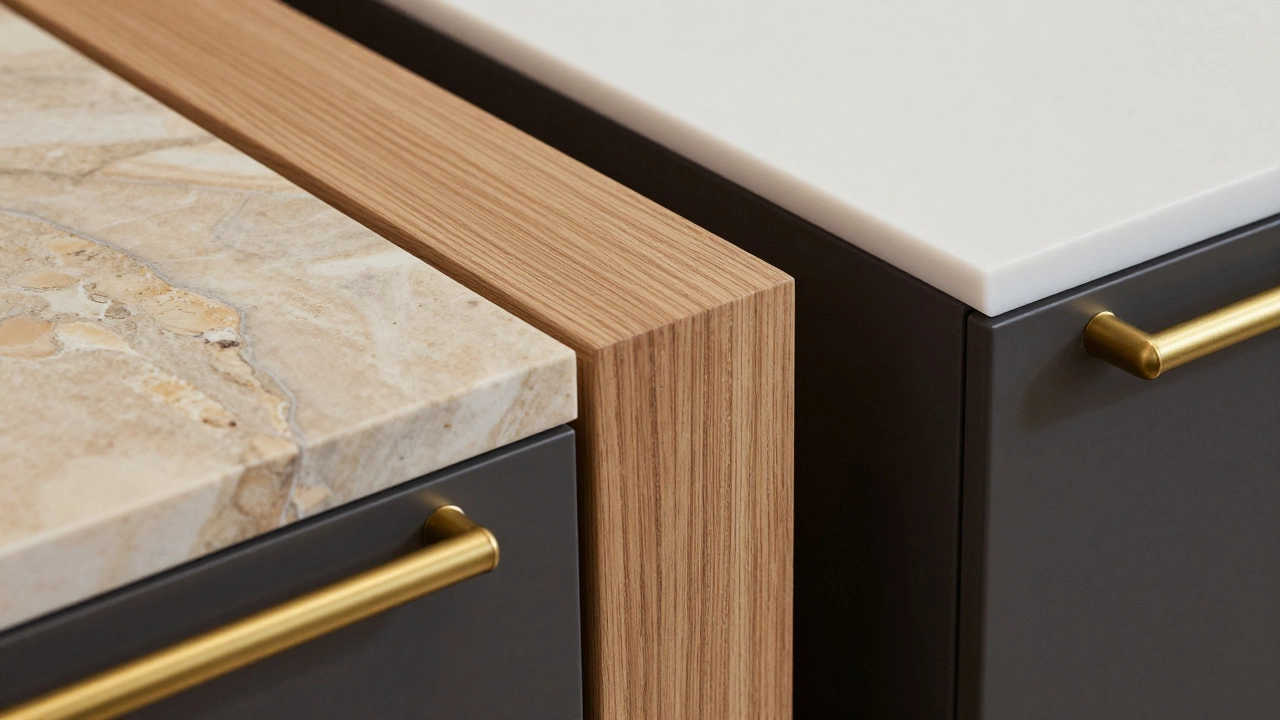 Detailed close-up of sustainable furniture materials including solid wood grain, marble stone, and brass hardware, emphasizing texture and eco-friendly aesthetics.