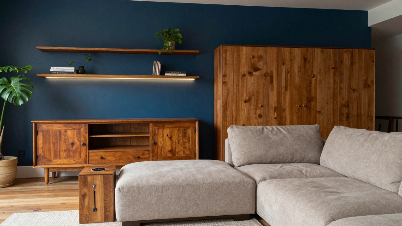 Living room blending restored vintage furniture with modular modern sofas, hidden storage, and integrated smart lighting in a warm, neutral color palette.